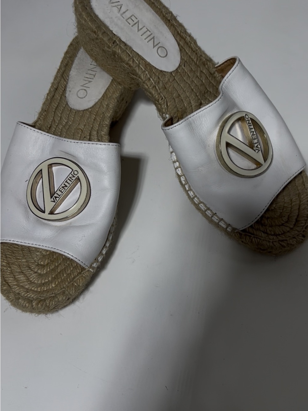Valentino White Leather Espadrille Slides with Gold Logo Medallion